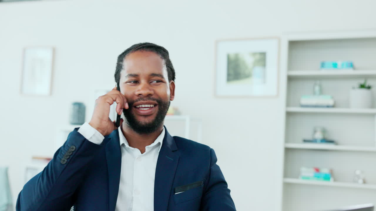 Phone call, answer and happy man in office