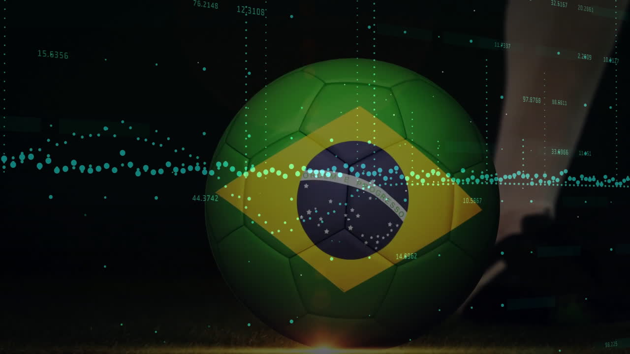 暗い背景にデータ視覚化アニメーションが重なるブラジル国旗のサッカーボール。