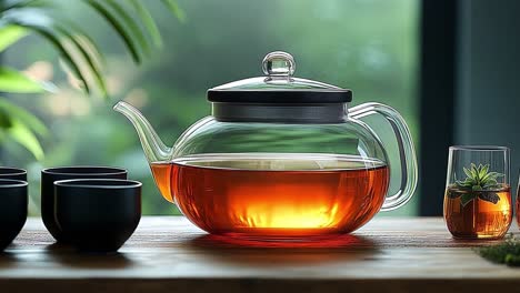a glass teapot with tea