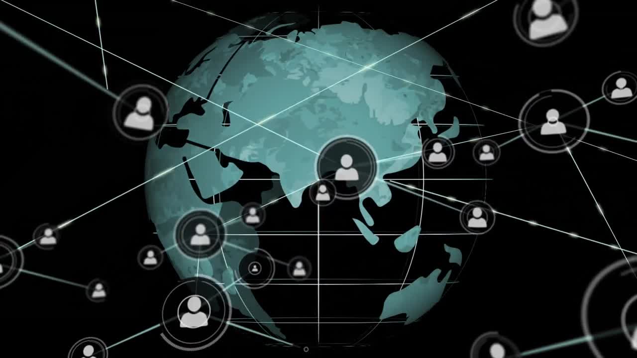 анимация сети соединений с иконами по всему миру