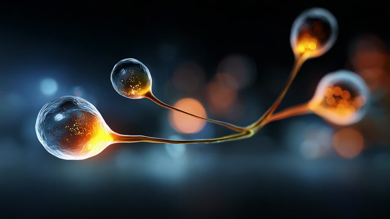 Captivating Visualization of Bio-Luminescent Spheres Connected by Glowing Tendrils, Illuminating the Dark Background with Intricate Patterns of Light and Color Emphasizing a Scientific Conceptual Artistry