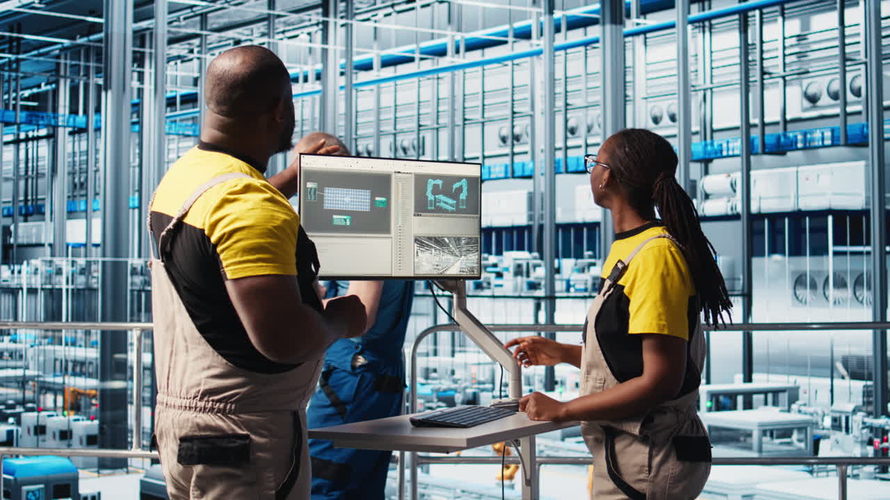 Photovoltaics smart factory engineer talks with coworker, diagnosing malfunction