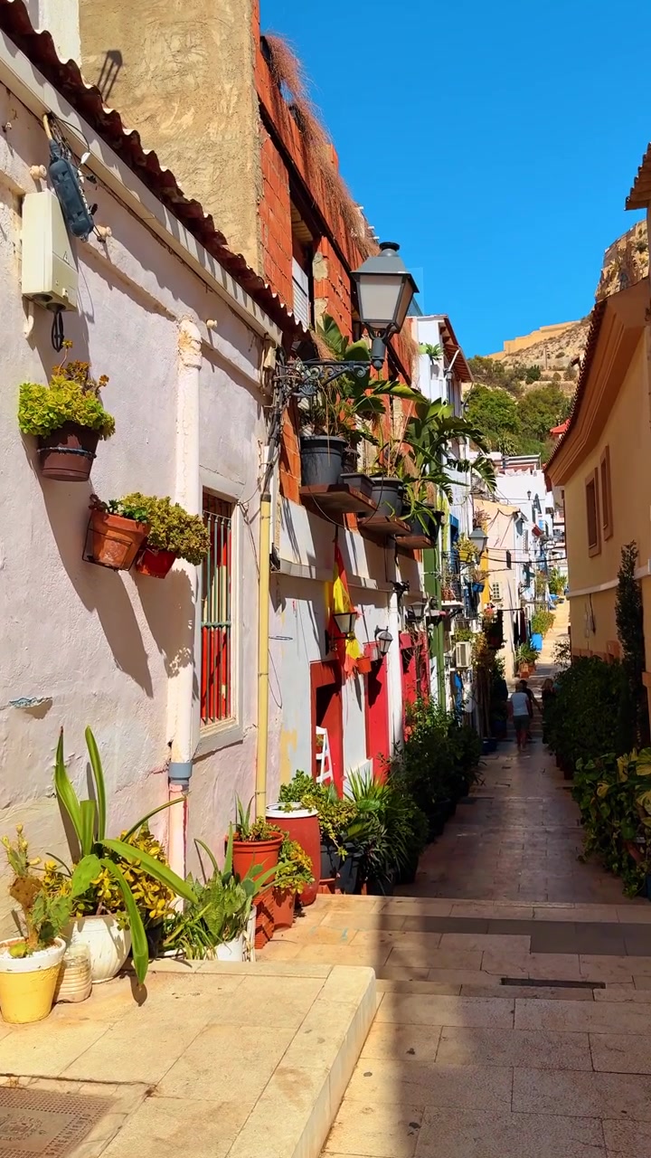 Alicante, Spanien, 8. august 2025: Smal middelhavsgade med blomsterkrukker og hvide bygninger. Solbeskinnet gyde i Alicante med potteplanter, blå dør og keramisk fliseskilt på en hvid væg