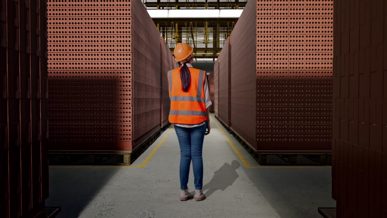 Full Body Back View Of Asian Female Engineer With Safety Helmet Talking On Smartphone While Standing With Red Brick Packed in Stacks Are Stored