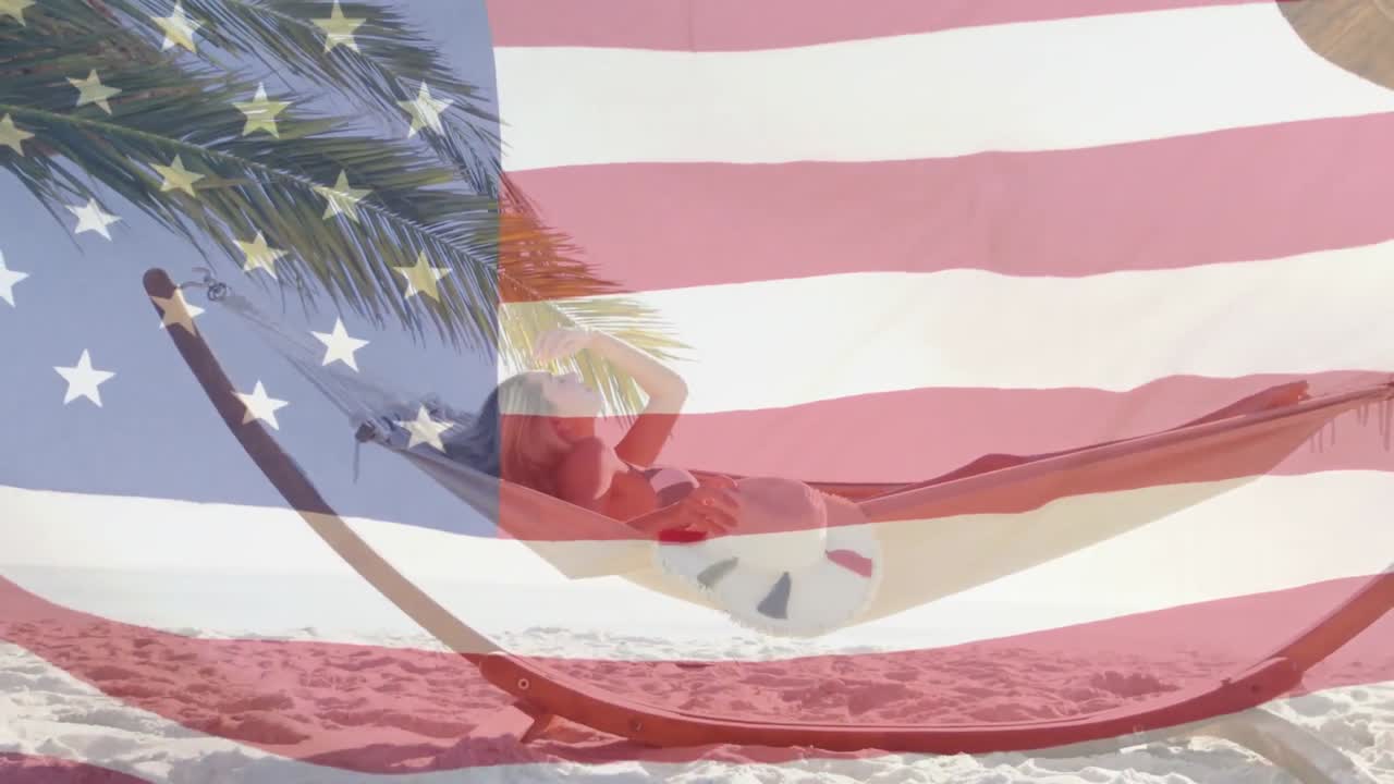 해변의 해마크에서 휴식을 취하는 여성 위에 흔들리는 미국 국기의 애니메이션