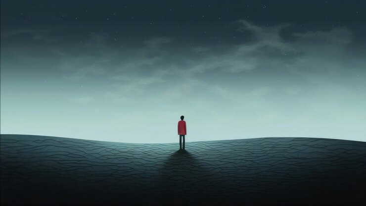Lone Figure in Red Coat Walks Across a Vast, Wavy Landscape
