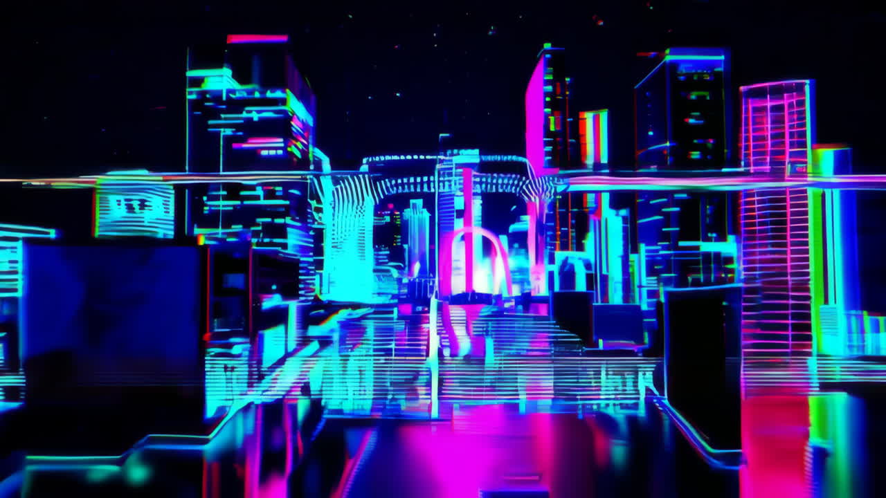 Glitched Cyberpunk Cityscape at Night