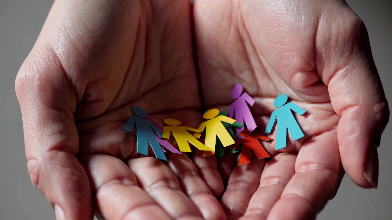 Cupped Hands Holding Colorful Paper People