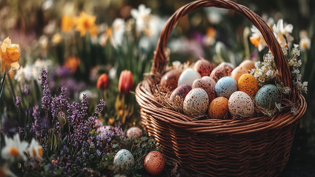 A Beautiful Easter Basket Filled with Colorful Eggs Surrounded by Vibrant Spring Blooms, Bringing Joyful Celebration and Seasonal Cheer to the Garden