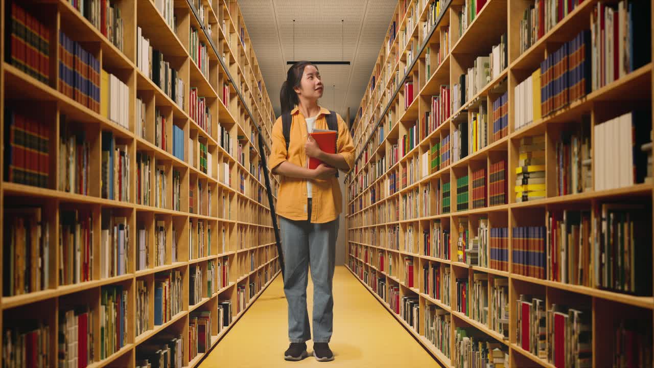 cuerpo lleno de estudiante mujer asiática con una mochila sosteniendo algunos libros y mirando a su alrededor mientras estaba de pie en la biblioteca