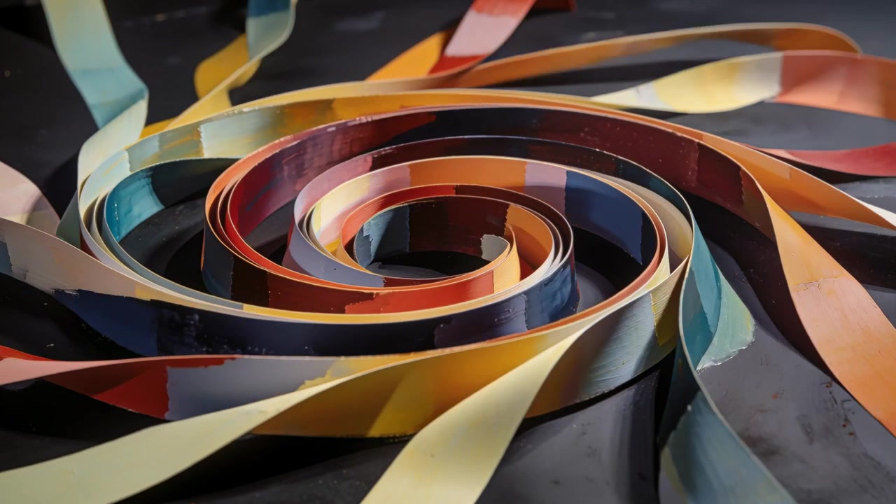 Moving camera lowering, shifting over studio table showing coiled painted strips with layered tones