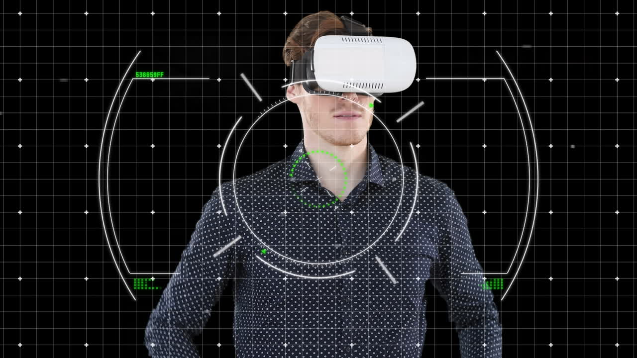 animación del procesamiento de datos sobre un hombre de negocios caucásico usando auriculares vr