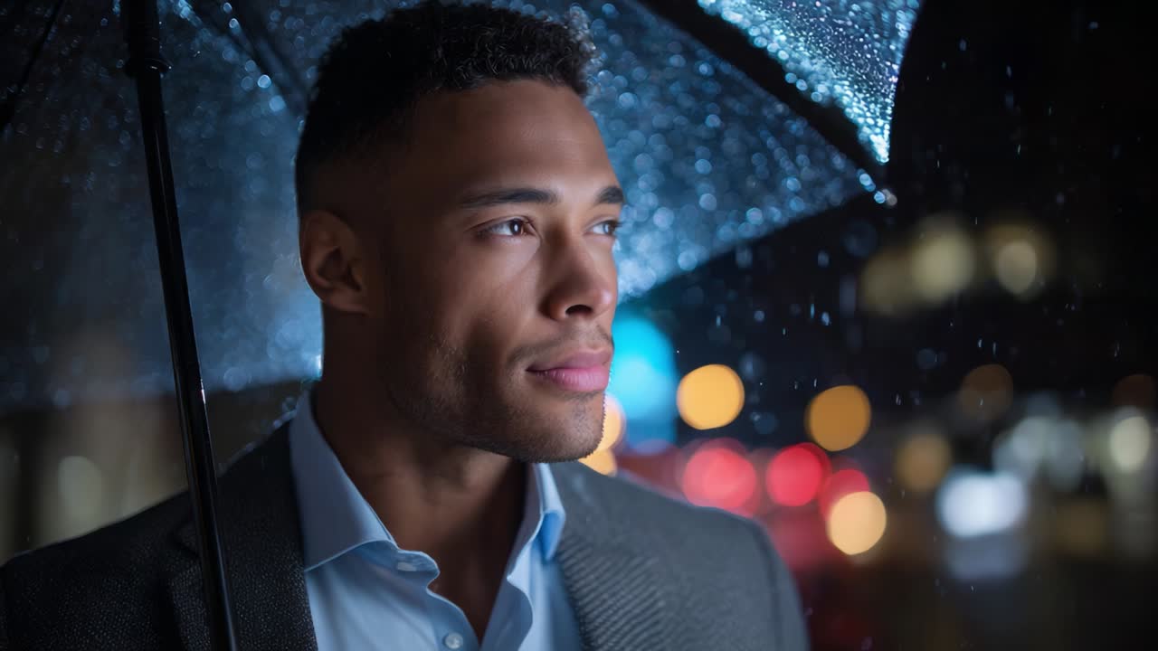 A contemplative man stands under an umbrella, gazing into the distance during a rainy night, with reflections of city lights illuminating his thoughtful expression and the wet surroundings