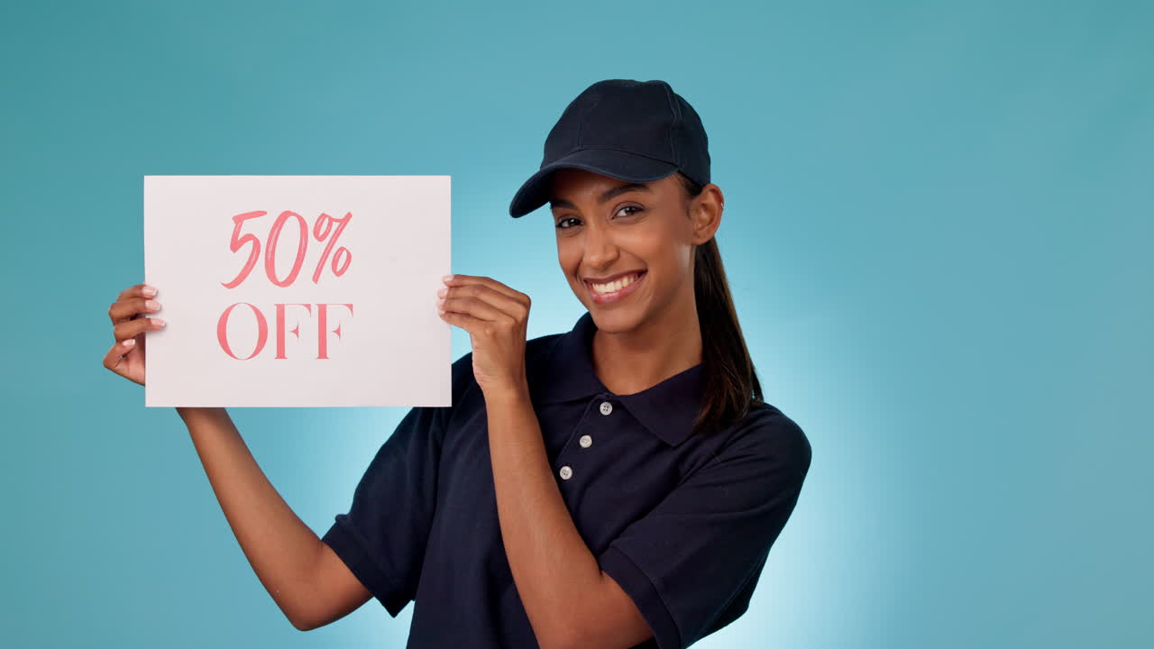 Happy woman, billboard and advertising discount