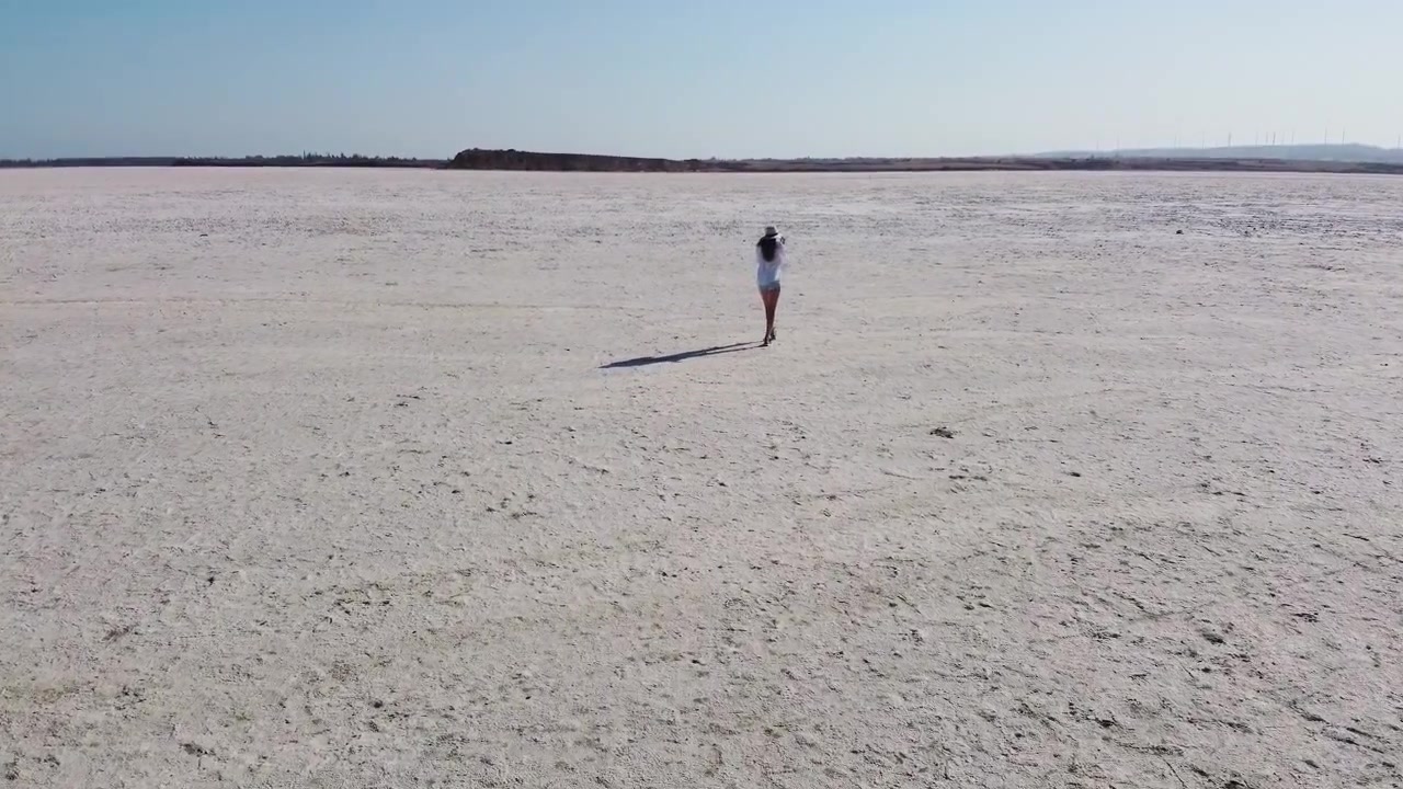 Lone figure traverses expansive cracked earth under a clear sky evoking solitude and exploration