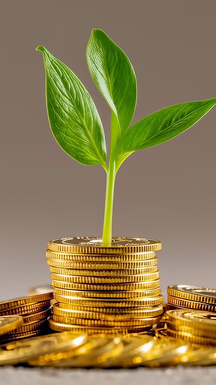 Vídeo vertical: planta creciendo y abriendo hojas sobre una pila de monedas en marcos de estudio, mostrando el crecimiento