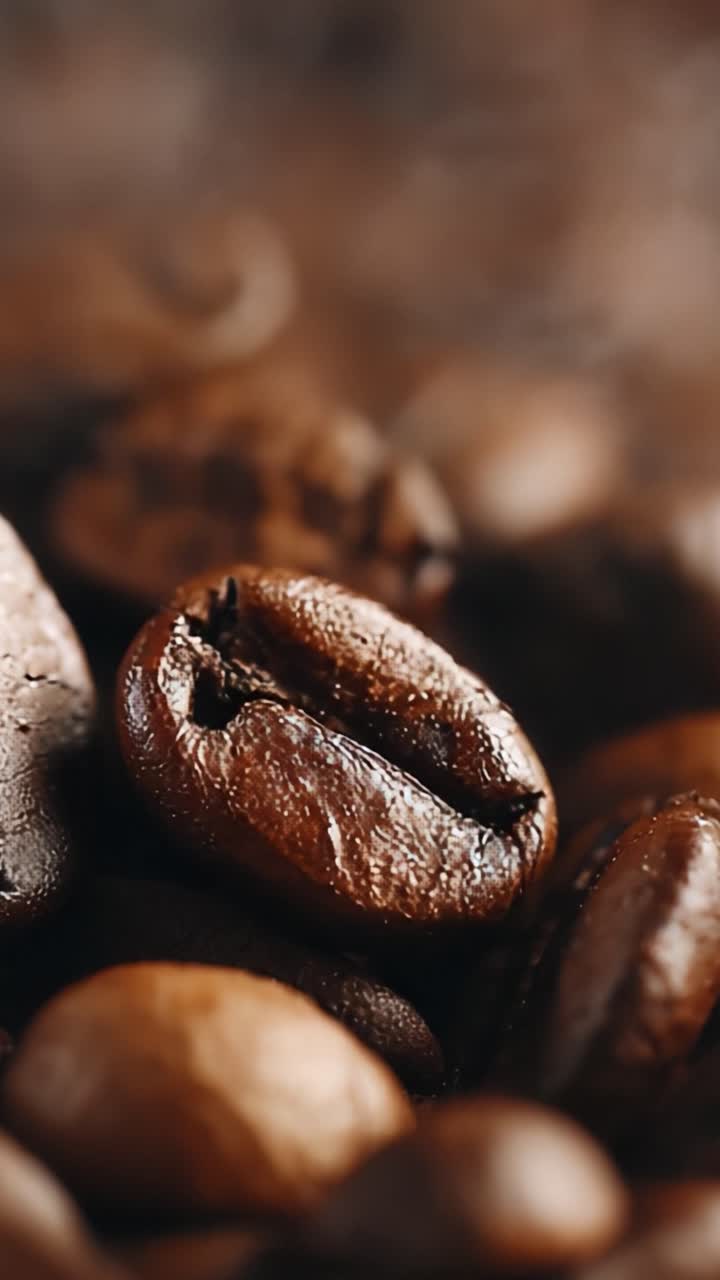 En nærbillede udforskning af ristede kaffebønner, der fremhæver deres rige teksturer og aromatiske kvaliteter i en varm atmosfære.