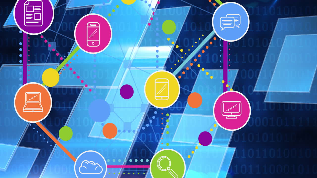 백그라운드에서 바이너리 코딩을 통해 디지털 아이콘으로 연결 네트워크의 애니메이션