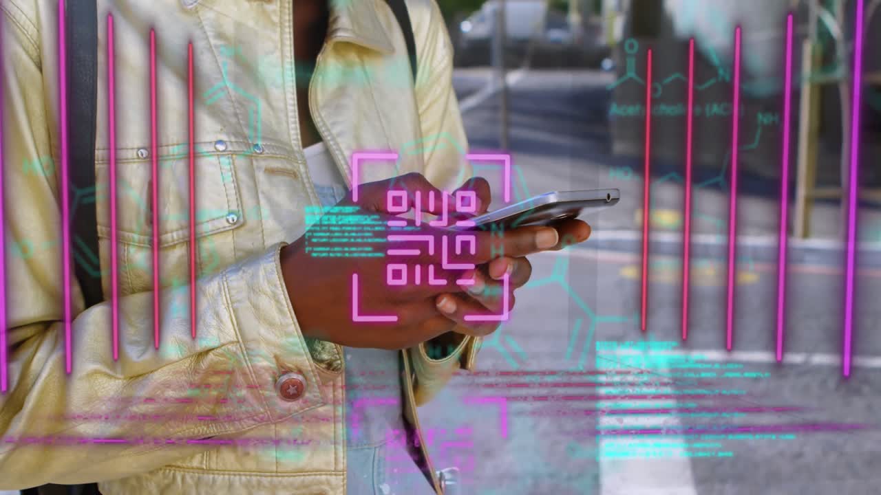 Neon qr code scanner and data processing against mid section of woman using smartphone