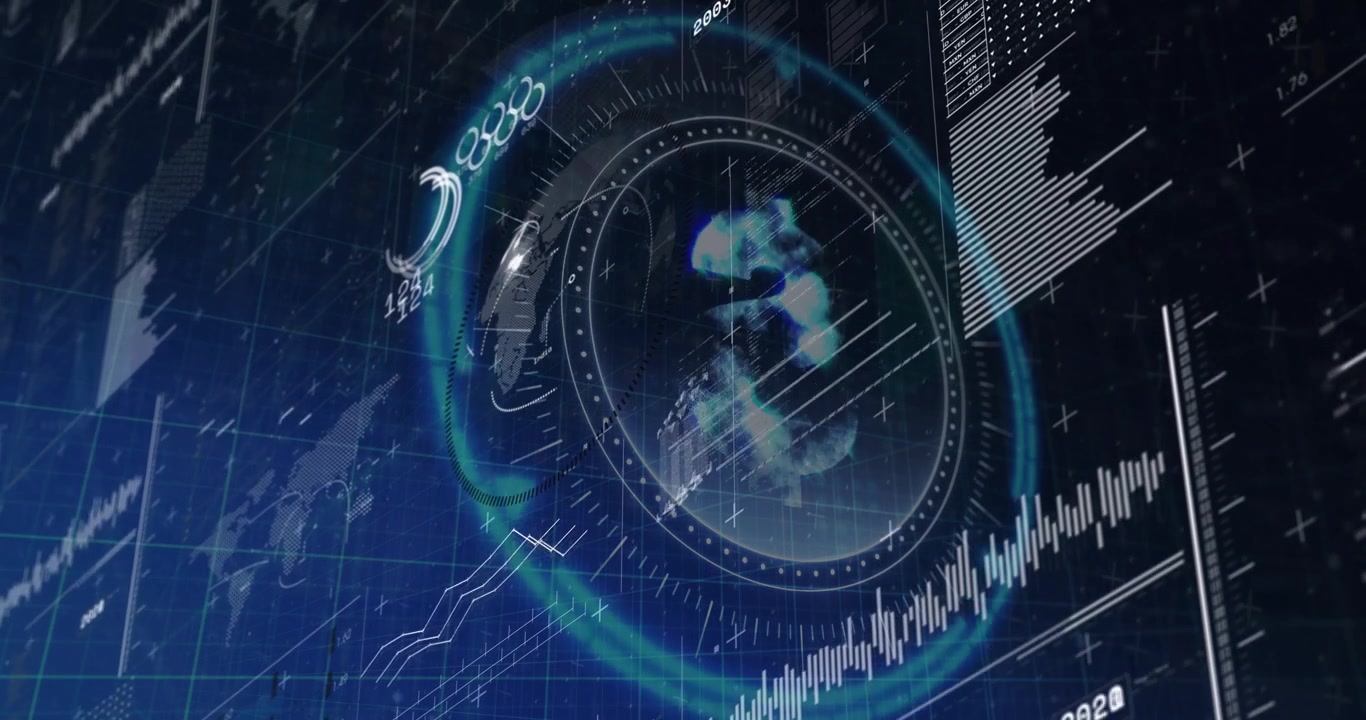 Ao carregar, anel HUD ciano girando e pulsando enquanto gráficos à direita sobem para mostrar a tendência de pico