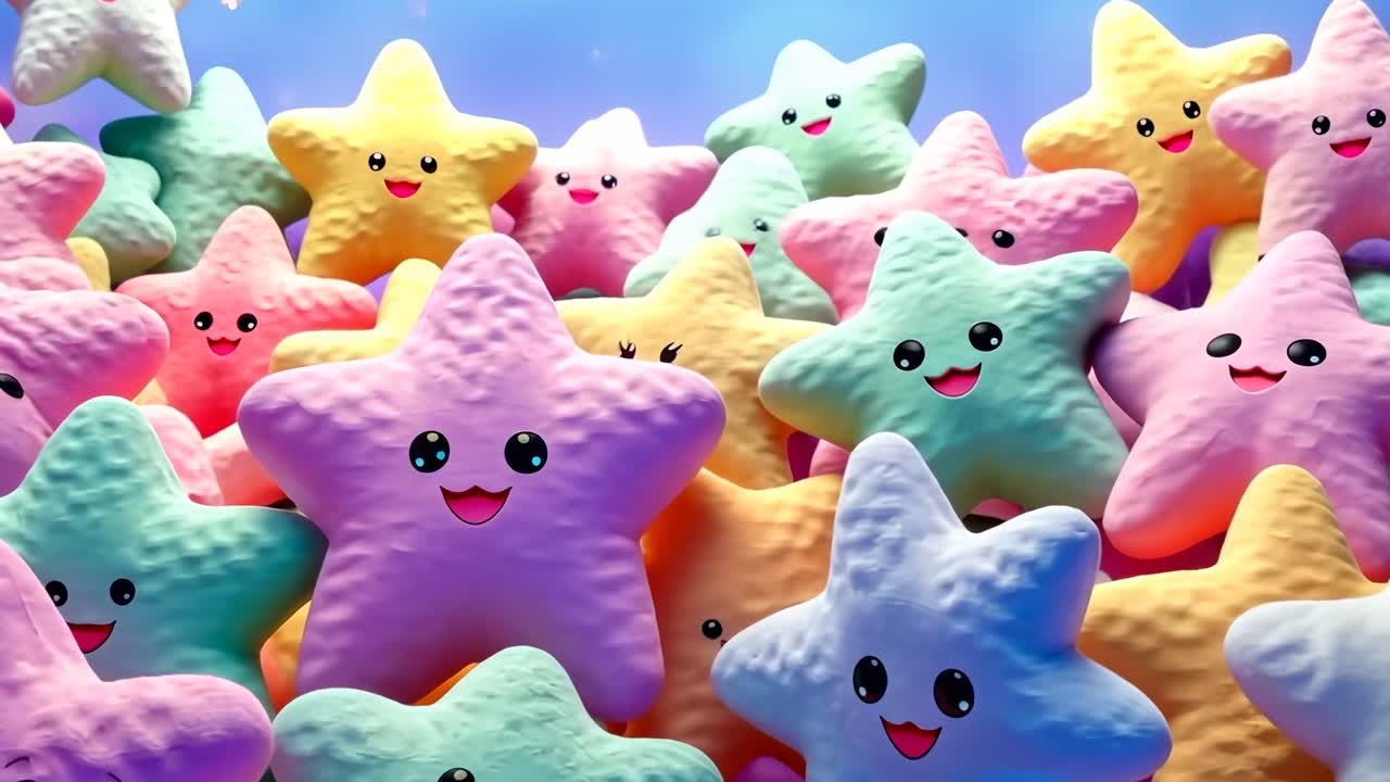 A whimsical video scene of colorful, smiling star-shaped plush toys