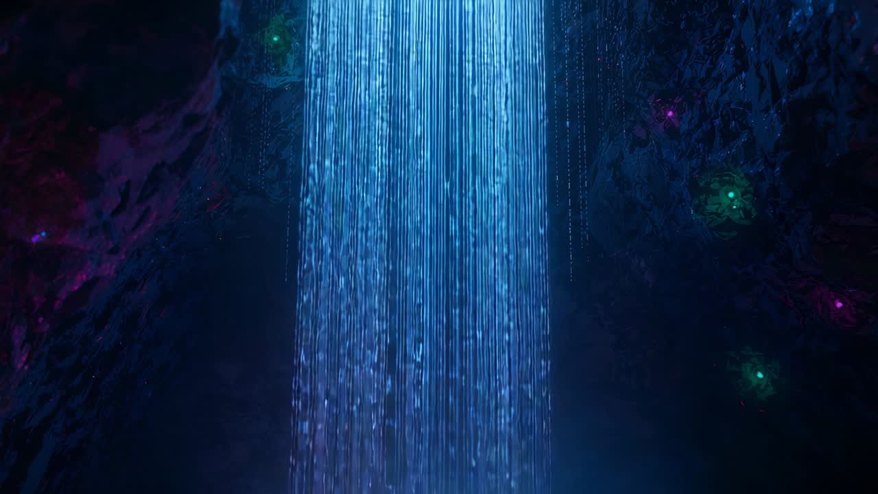 Streaming blue cascade pouring through fissure, droplets with green purple nodules on cavern walls