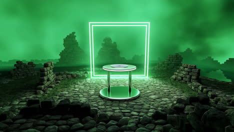 futuristic green neon table in ancient ruins
