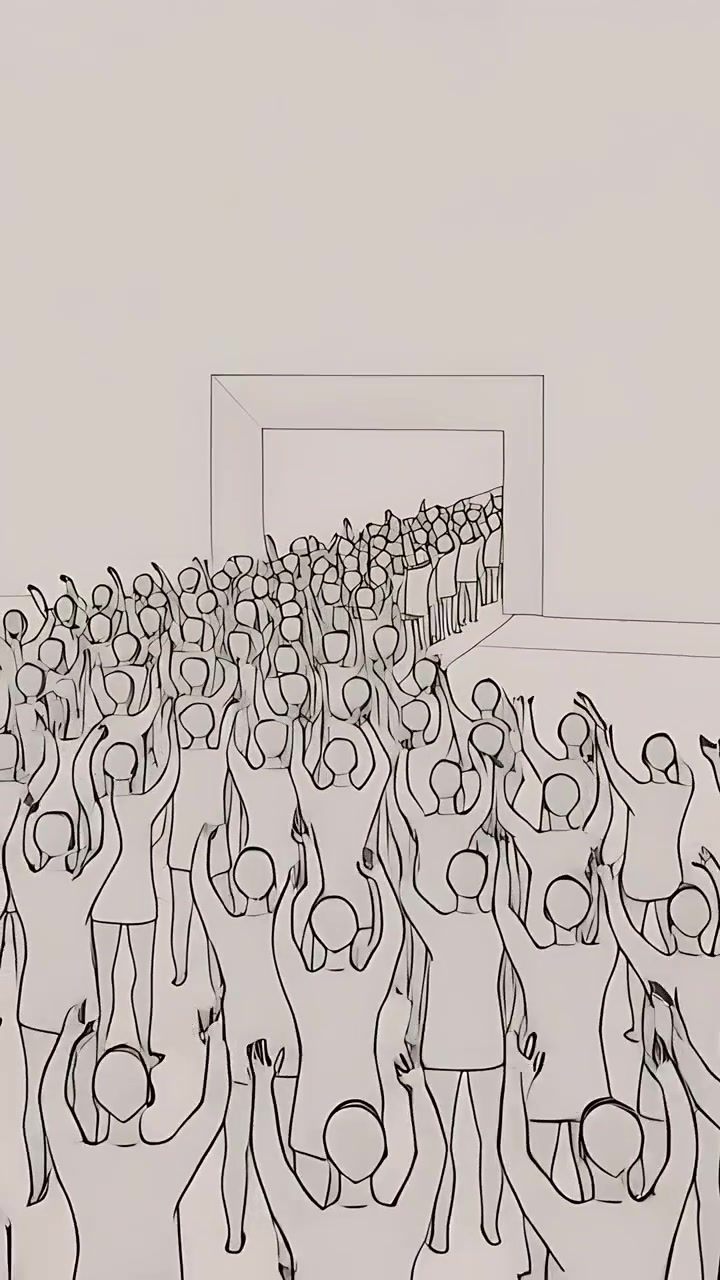 Vertical video: Advancing sketch crowd starting from framed opening in pale room, waving, cheering