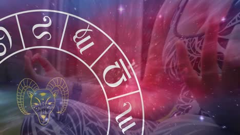 Animation of horoscope zodiac wheel over caucasian woman practicing yoga