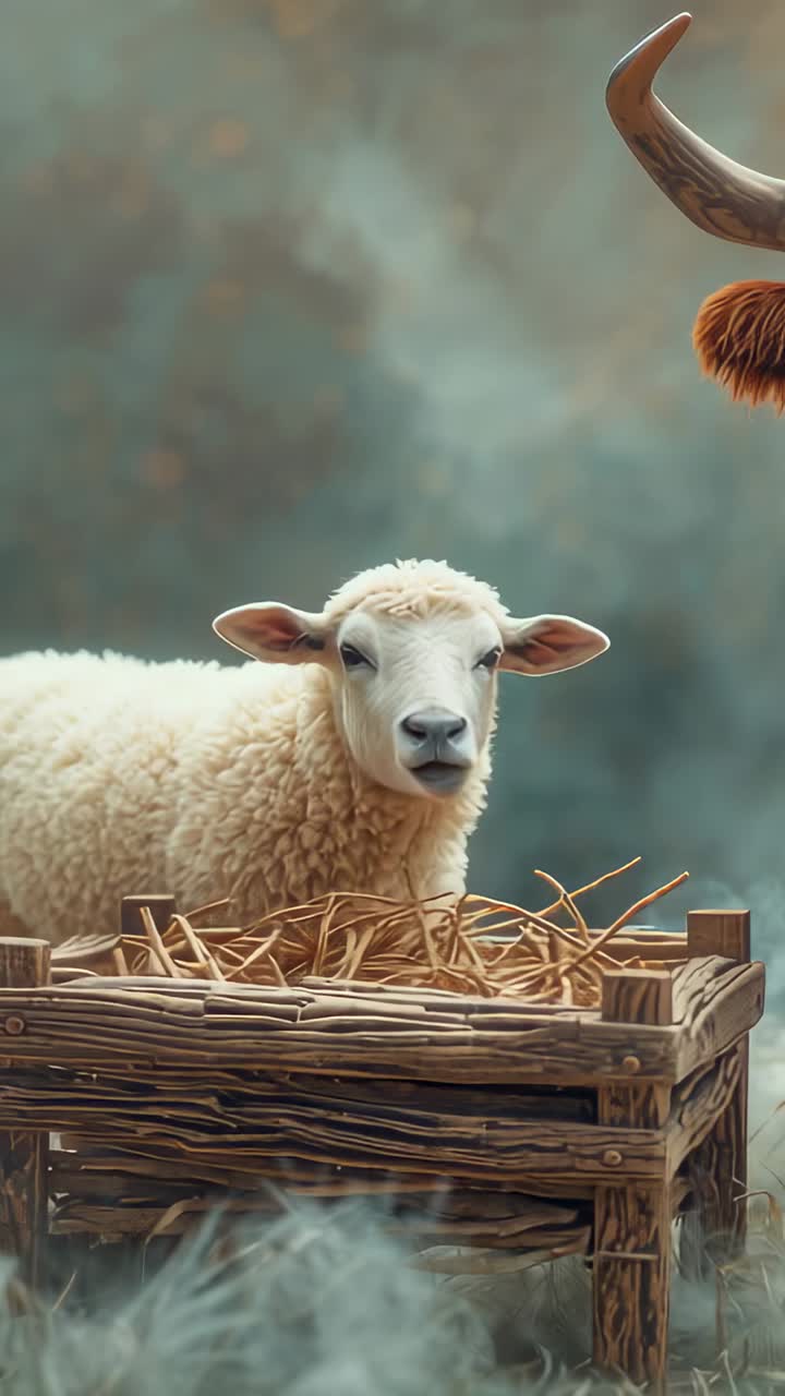 Vertical video: Twitching white sheep reacting to peeking horn at farm manger straw mist rising