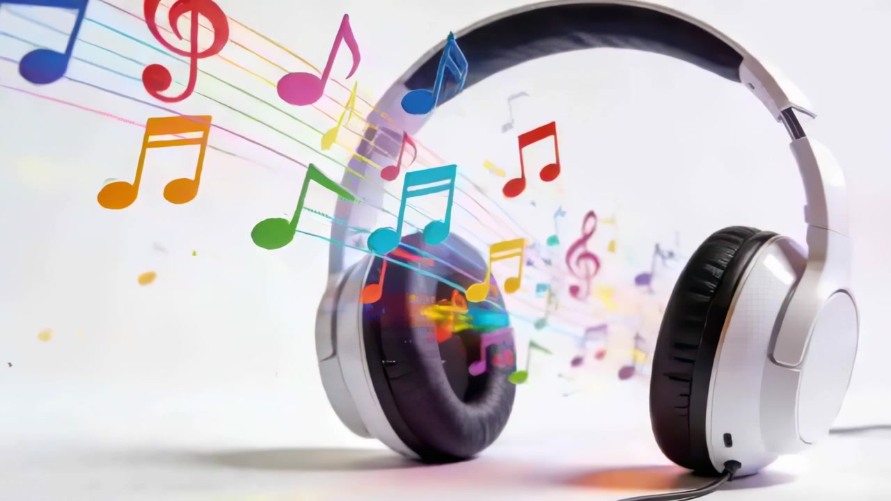 Notas musicais começando a fluir e ficando mais densas em direção a fones de ouvido brancos em estúdio, sugerindo som.