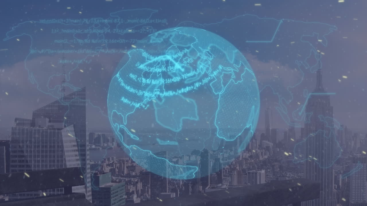 회전하는 지구 위의  입자의 애니메이션과 도시 풍경에 대한 데이터 처리