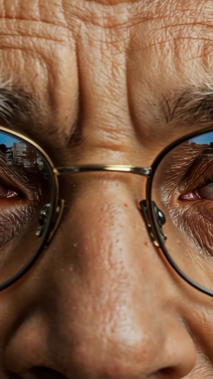 Vertical video: Camera focusing on man shifting gaze right at window, eyeglasses reflecting skyline