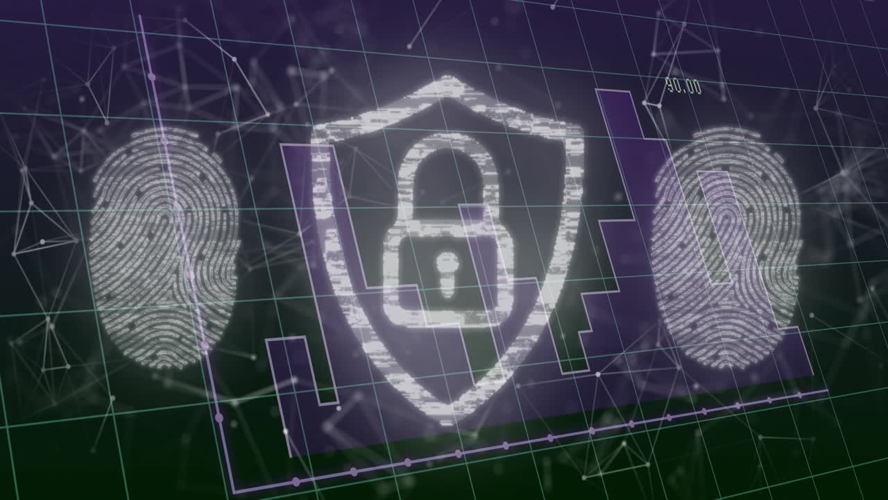 Digital security shield with fingerprints overlaying data grid in animation style