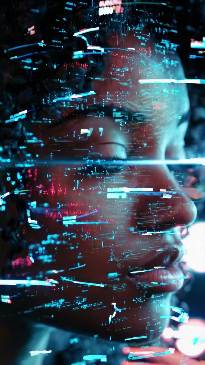 Close-up side profile of a person with digital data overlay, creating a futuristic video effect