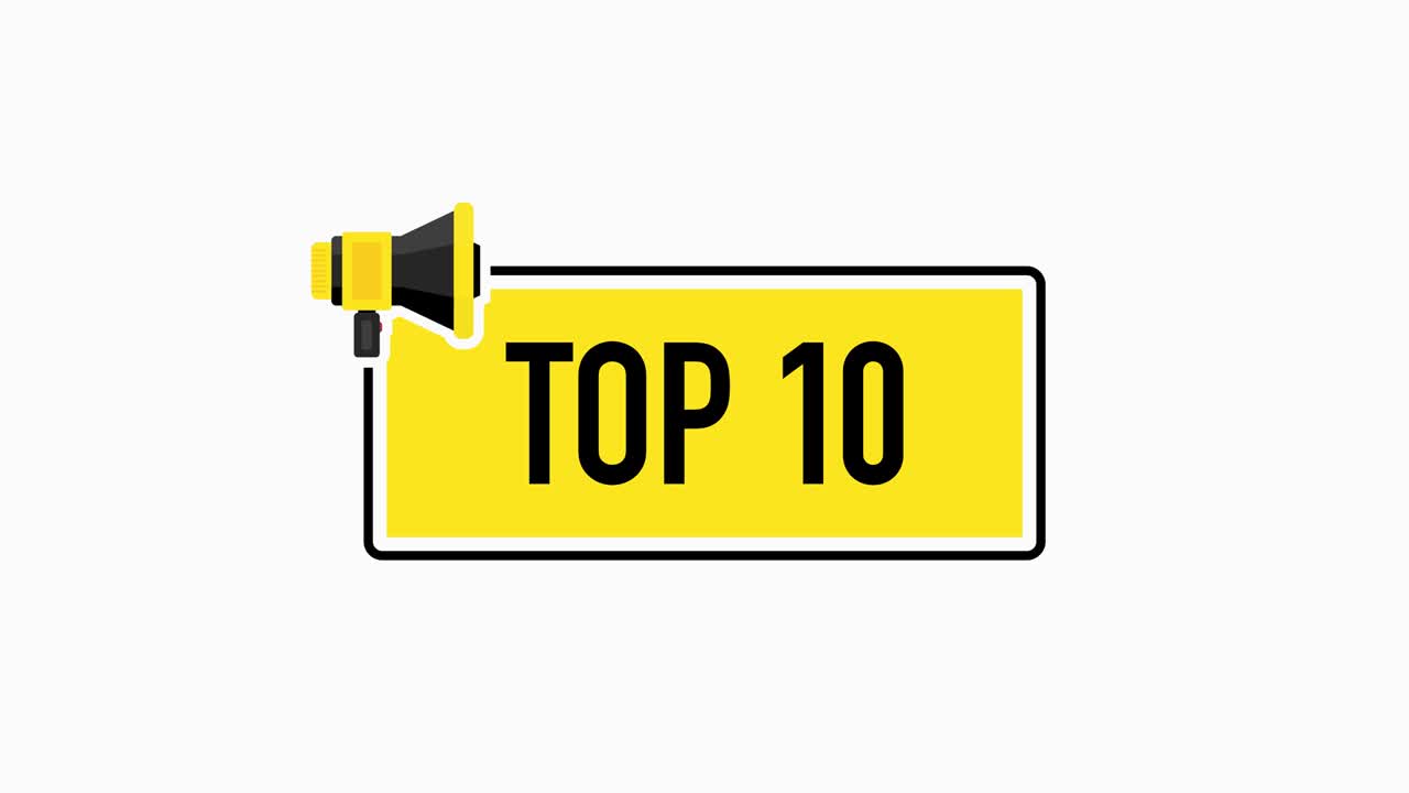 top 5 gelbes schild mit megafon. design im flachen stil auf weißem hintergrund. motion graphic.
