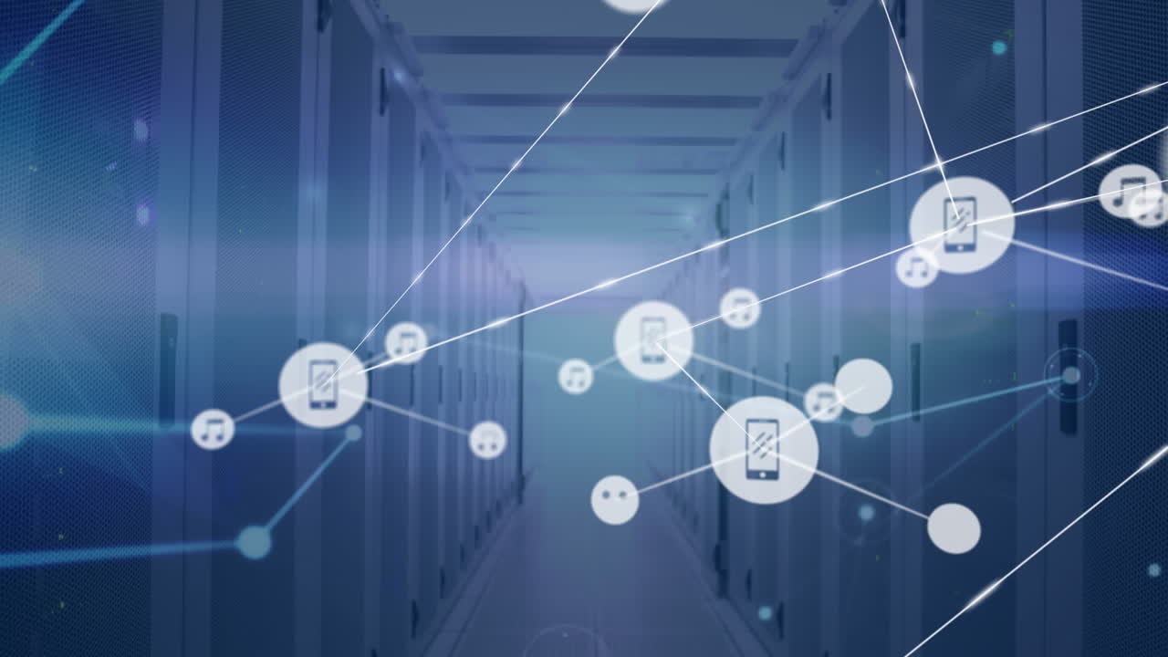 Animation of network of connections with icons over computer servers