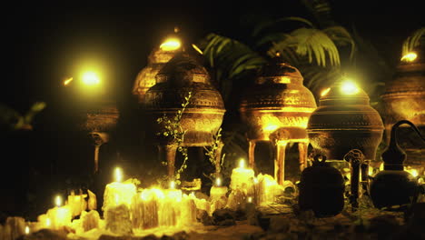 golden ritual pot in the jungle at night