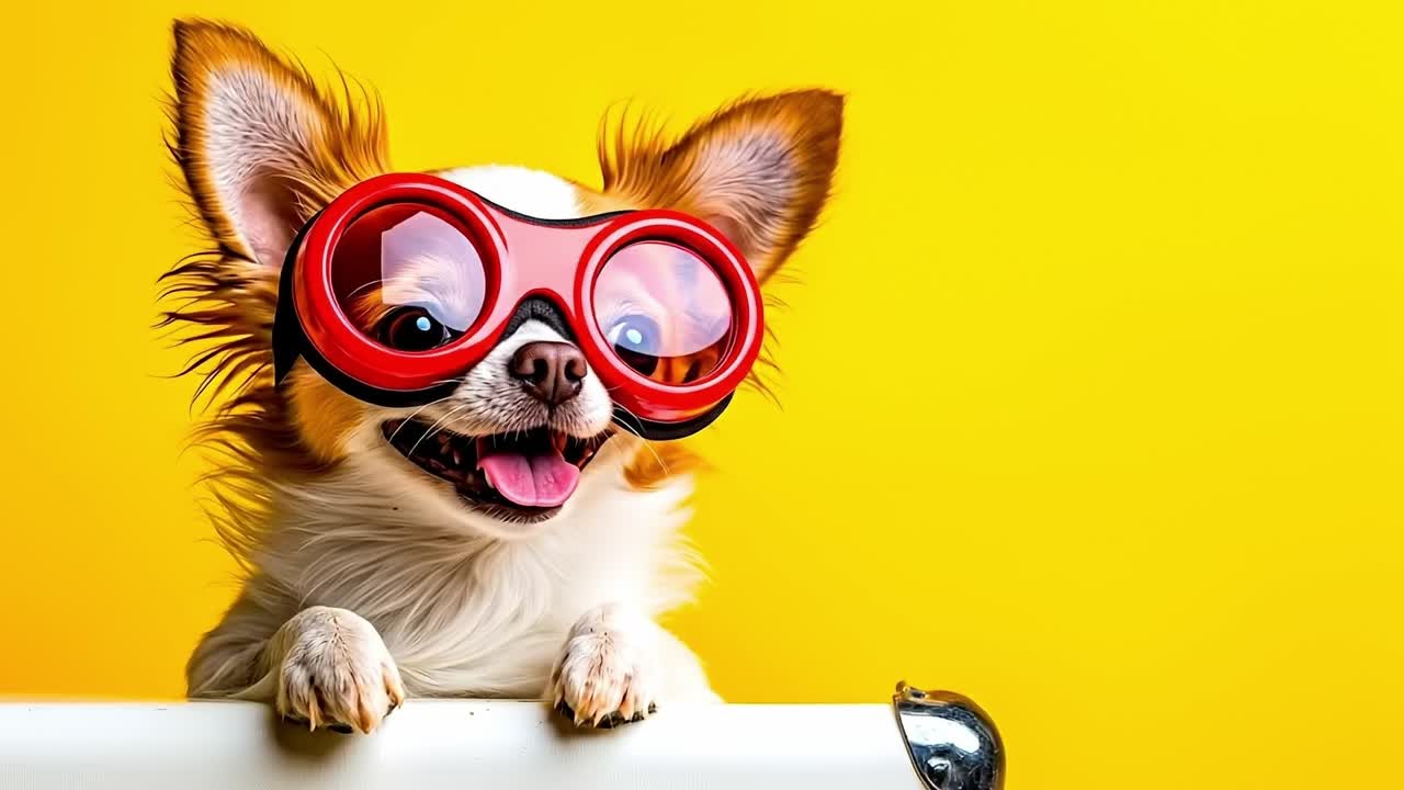 A small dog wearing red goggles on a yellow background