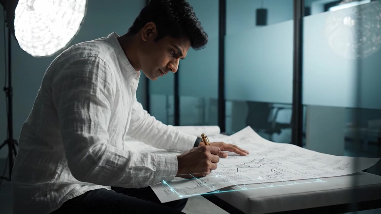 Focused Designer Analyzes Architectural Plans with Digital Enhancements, Showcasing Creativity in a Modern Workspace, Merging Traditional and Futuristic Techniques