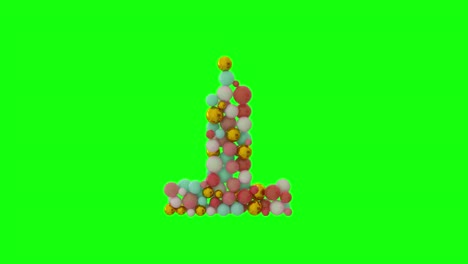 número aislado 1 (uno) hecho de perlas, bolas o cuentas de colores pastel que caen en la pantalla verde. dígito de estilo de joyería abstracta en clave cromática. arte digital lindo y delicado. animación de alfabeto de renderización 3d
