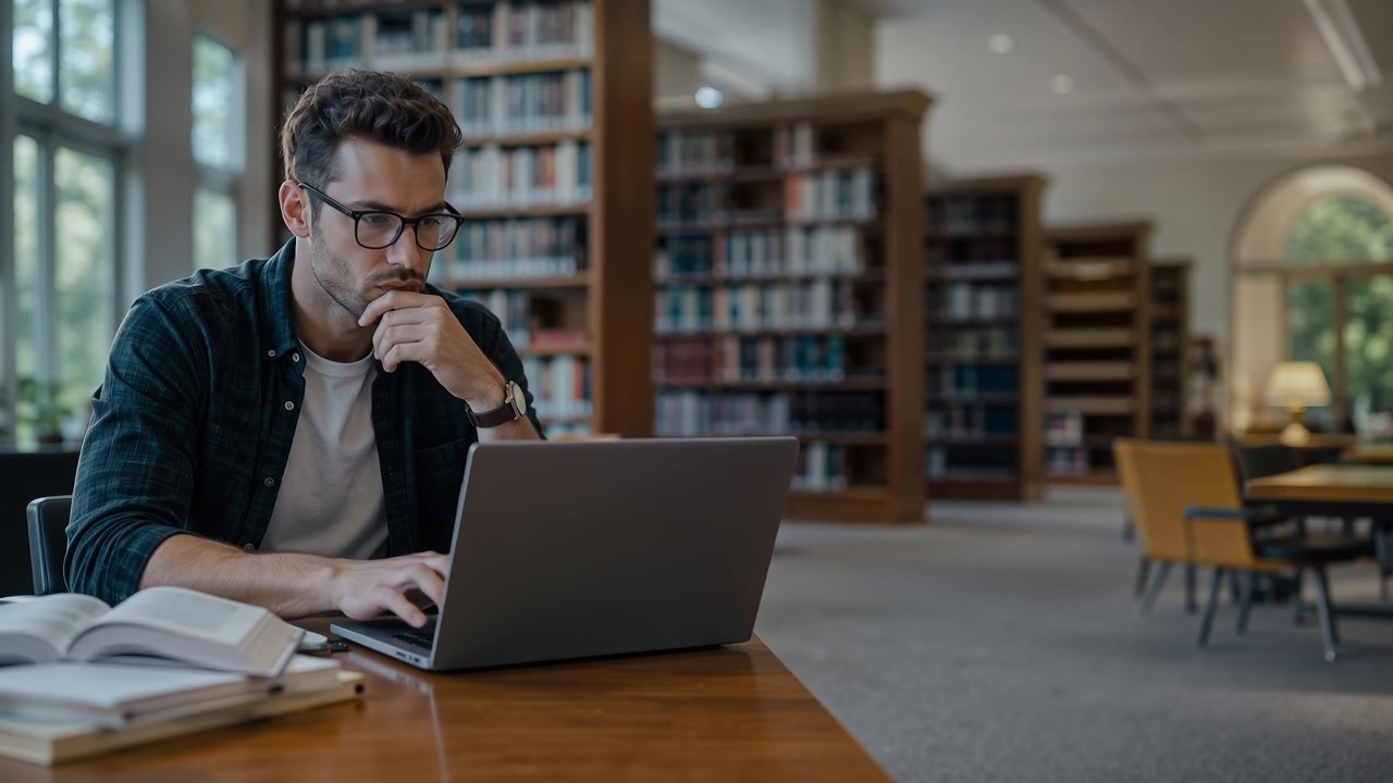 Fokusert kaukasisk mann med briller som jobber på en bærbar datamaskin ved et bibliotekbord