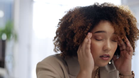 Headache,-eye-focus-issue-and-black-woman-worker