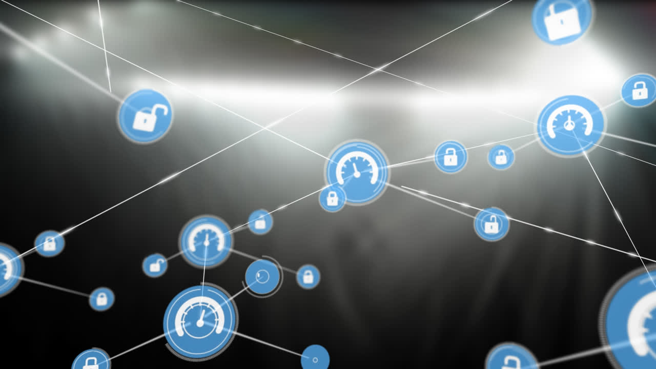 animación de una red de iconos digitales y puntos de luz contra un fondo negro