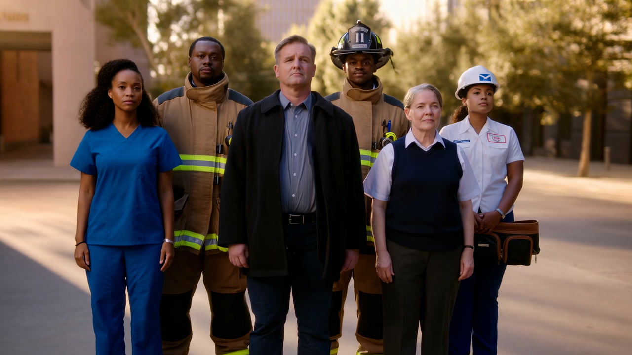 Emergency Responders Standing In Strong Solidarity Firefighter Nurse Paramedic Municipal Officer Lined