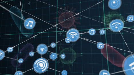 red de iconos digitales sobre la red de rejilla contra las células y los vasos sanguíneos de covid-19