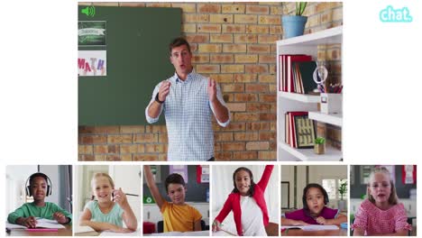 animation of video call screens of chalkboard and diverse teacher and children having online lesson