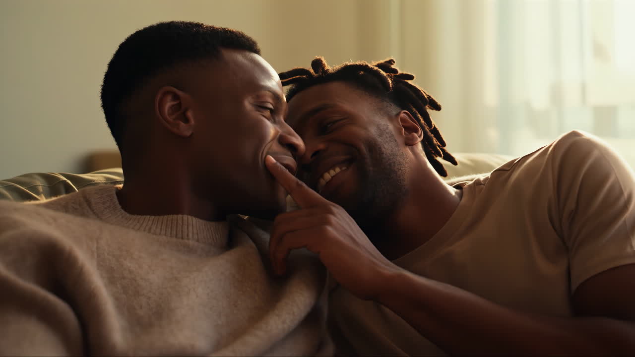 Happy Gay Couple Cuddling and Smiling on Sofa at Home