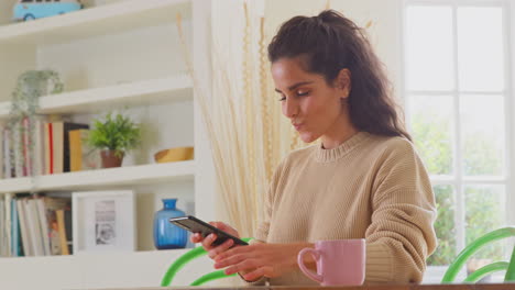 Celebrando-A-Una-Mujer-Con-Tarjeta-De-Crédito-En-Casa-Usando-Un-Teléfono-Móvil-Para-Realizar-La-Compra-De-Sus-Sueños