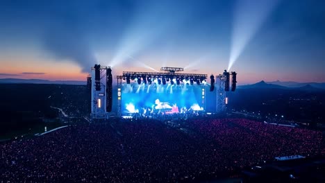 a large crowd at a concert with a massive stage and bright lights